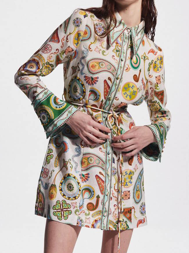 Mini-robe imprimée à manches trompette, exquise et tendance
