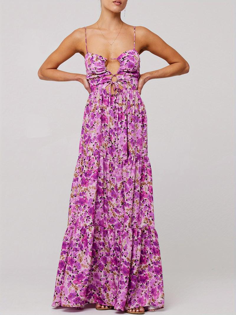 Sleeveless Spaghetti Strap Cross Tie-up Front Floral Print Midi Dress
