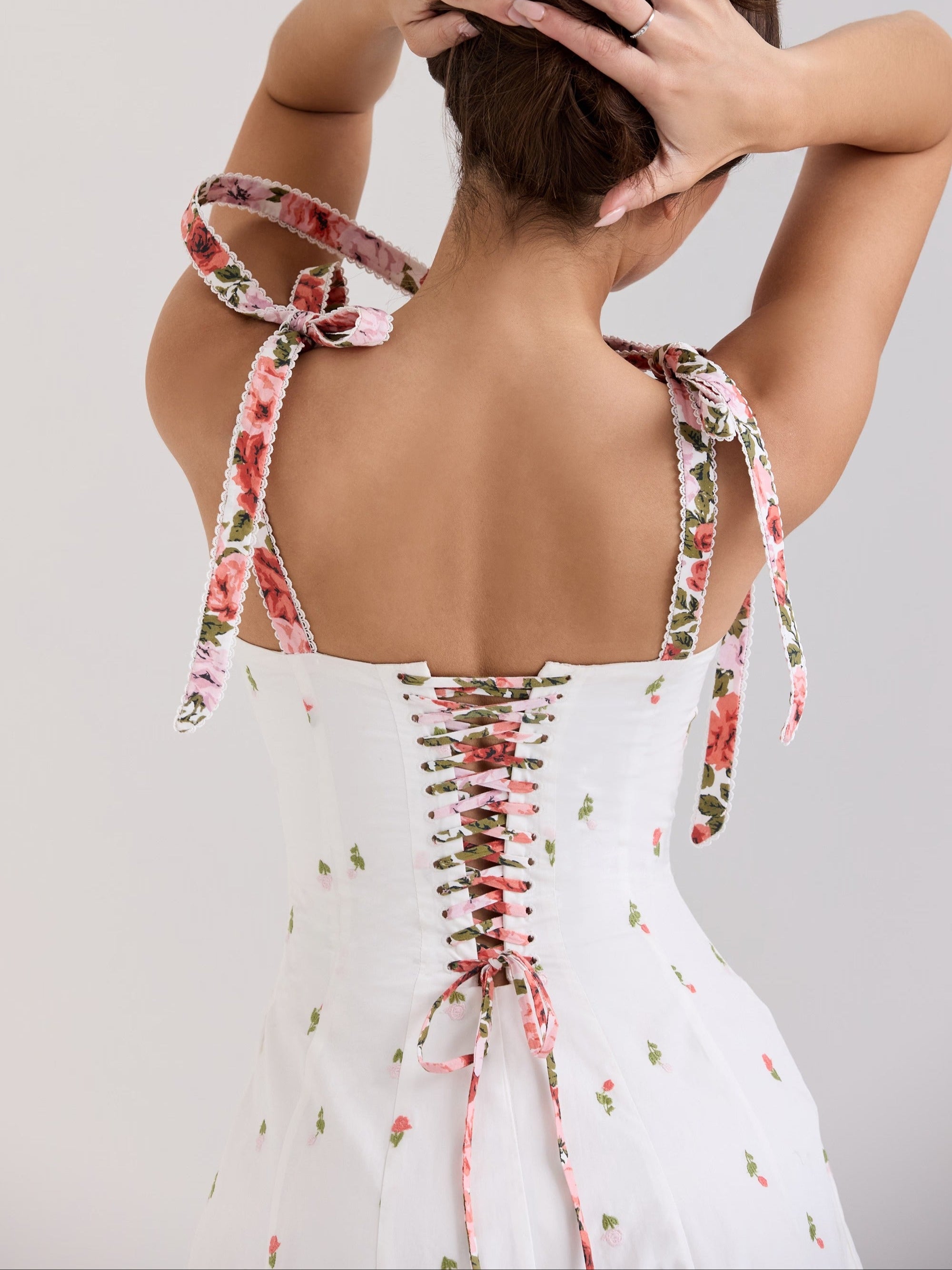 White Floral Print Stretch Cotton Midi Sundress