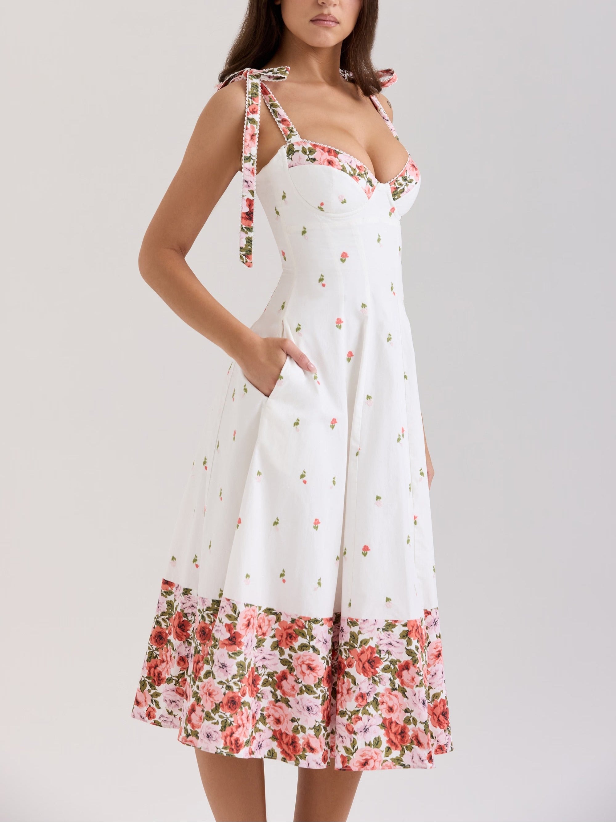 White Floral Print Stretch Cotton Midi Sundress