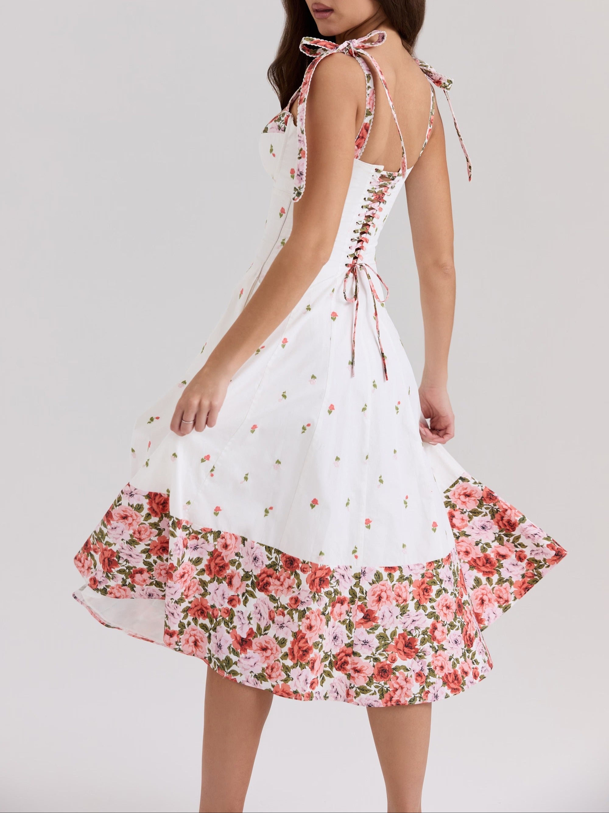 White Floral Print Stretch Cotton Midi Sundress