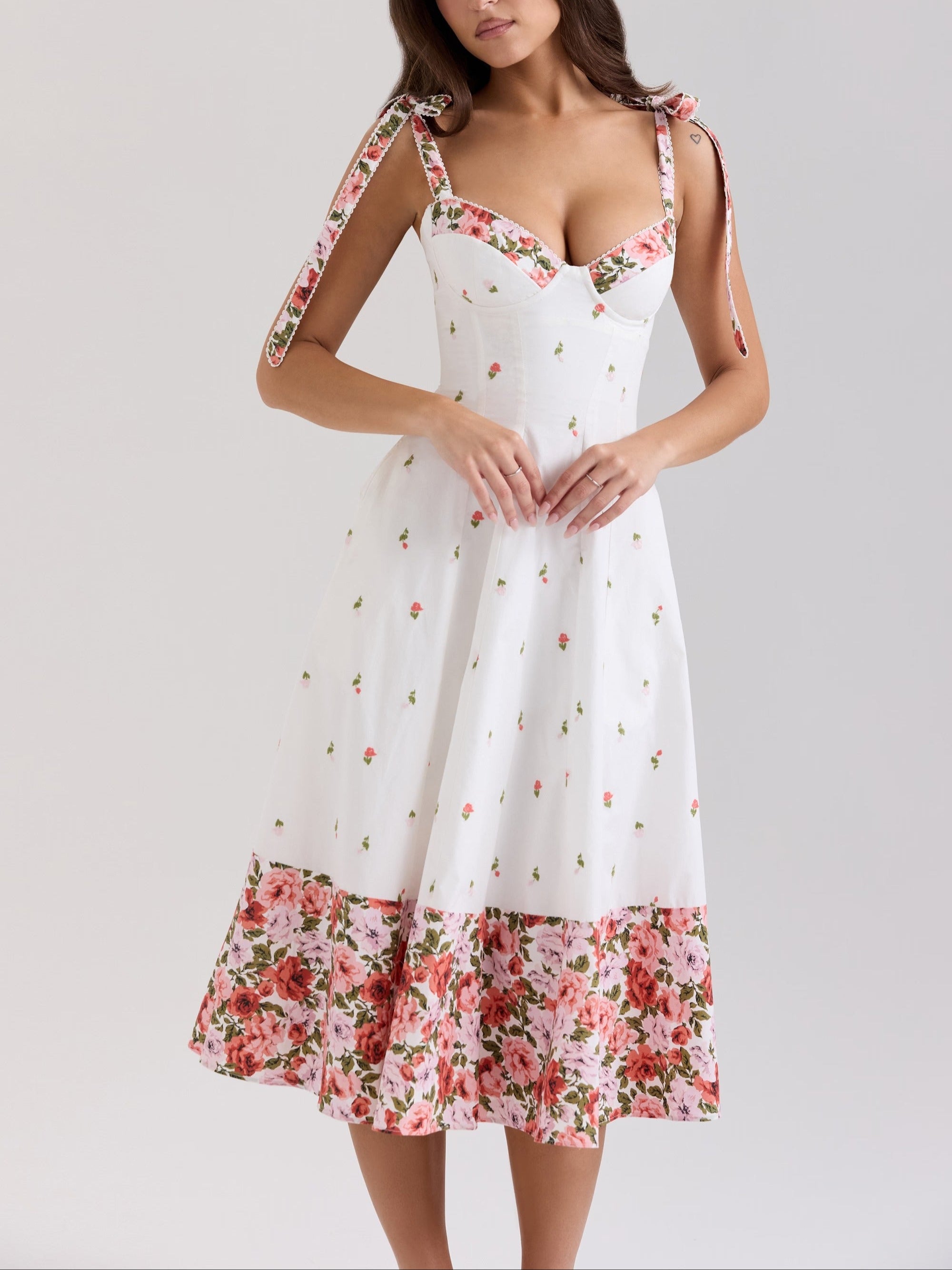 White Floral Print Stretch Cotton Midi Sundress
