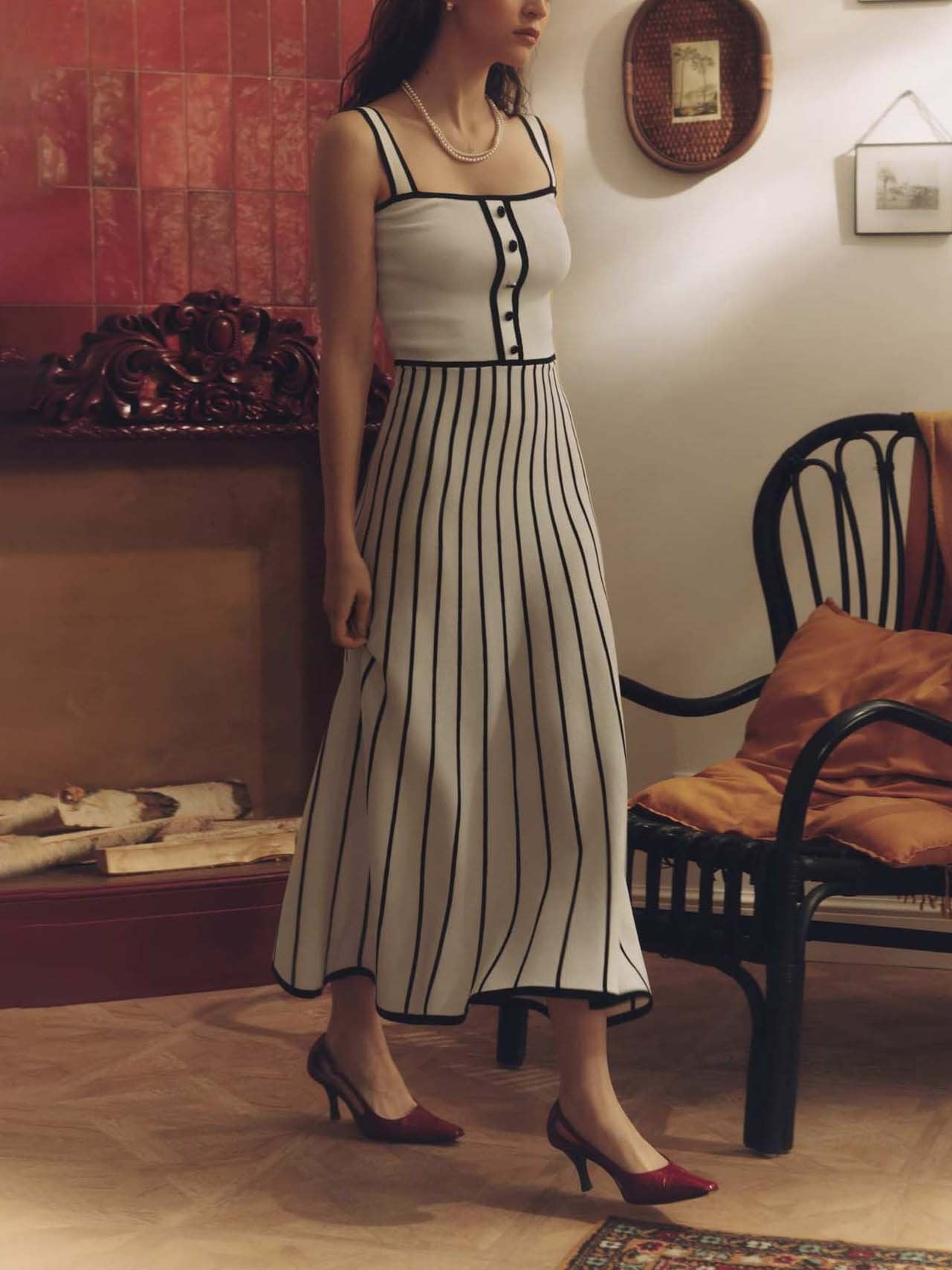 Vintage Suspender Striped Contrast Knitted Midi Dress