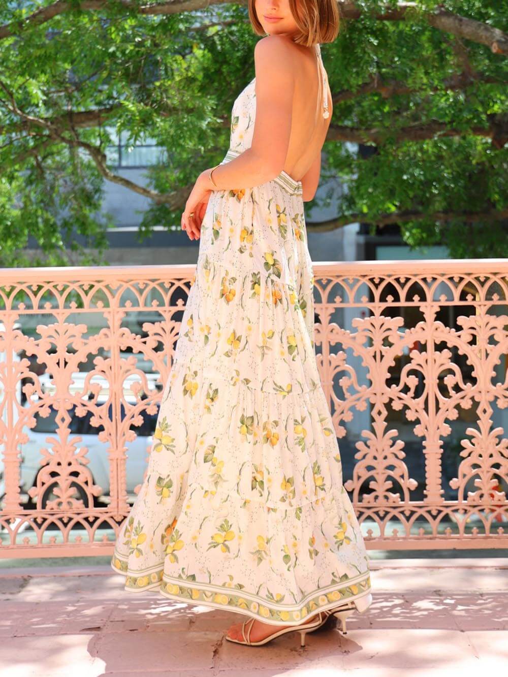 Robe longue unique à dos nu et col en V profond, imprimé citron