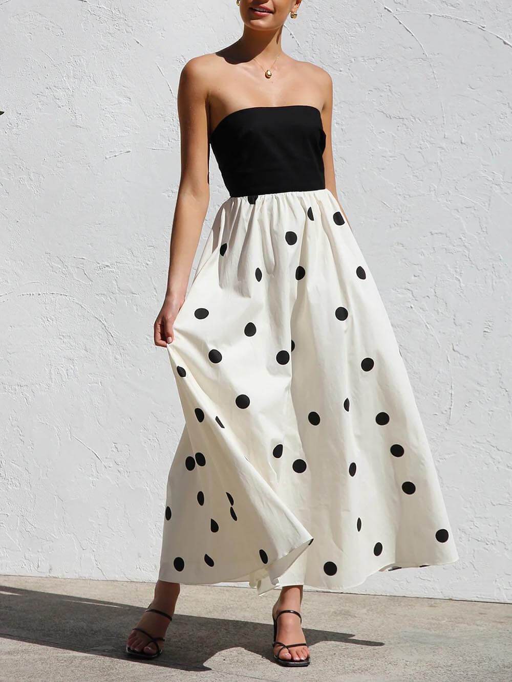 Robe longue trapèze élégante à imprimé pois et enveloppante