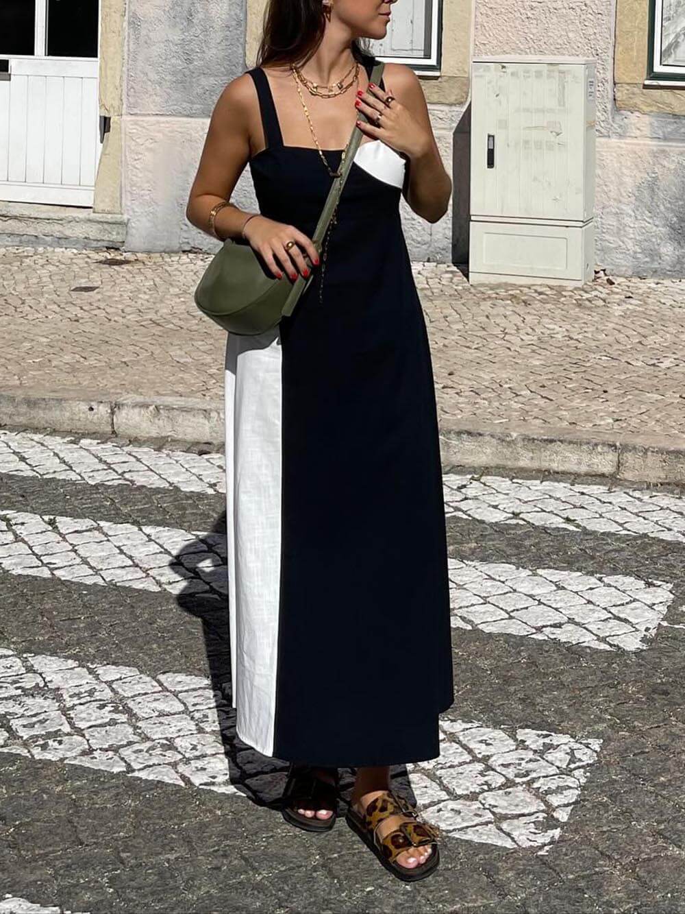 Robe longue smockée simple à bride arrière de couleur contrastée