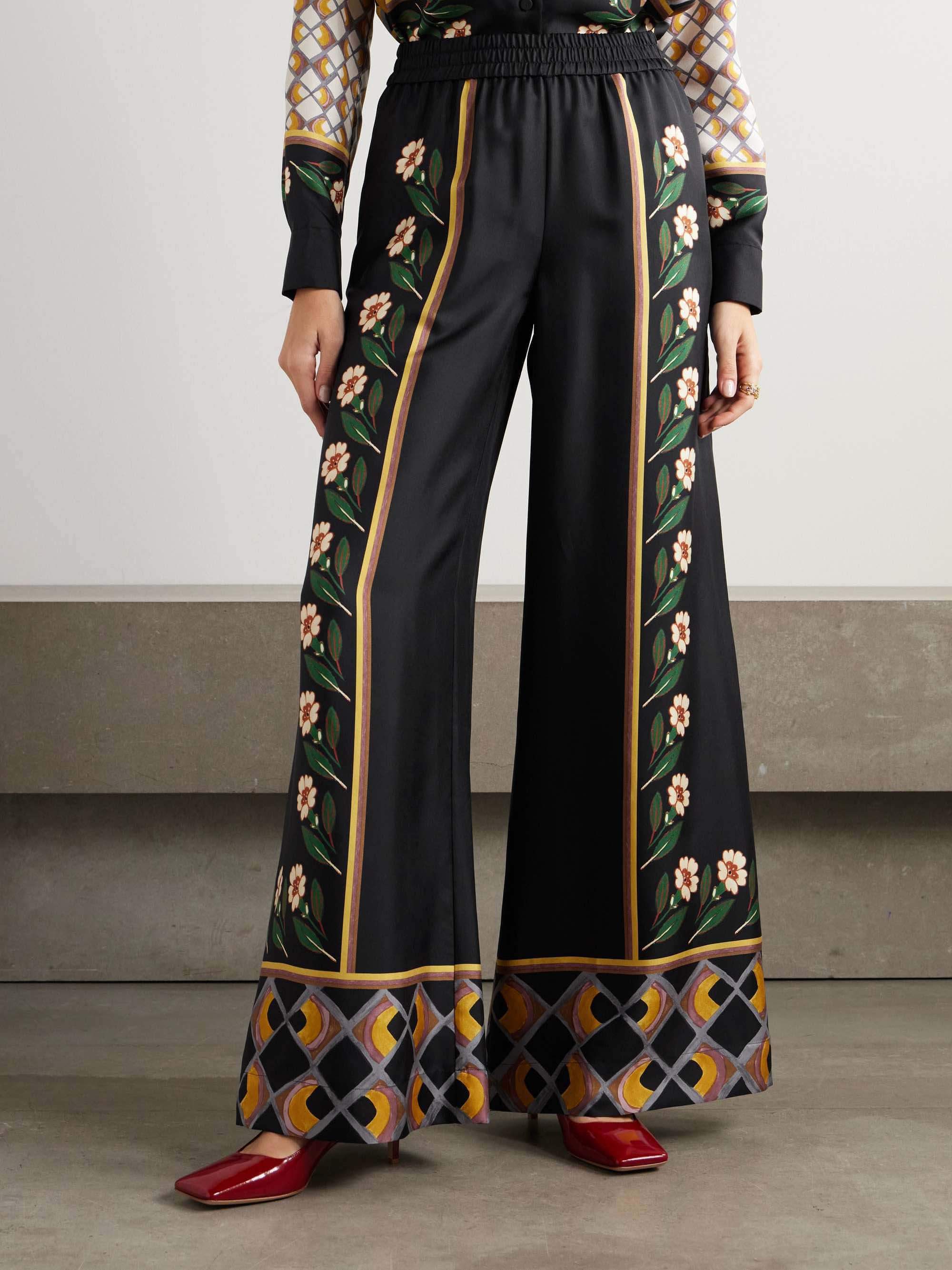 Unique Retro Print Tight Waist Wide Leg Pants