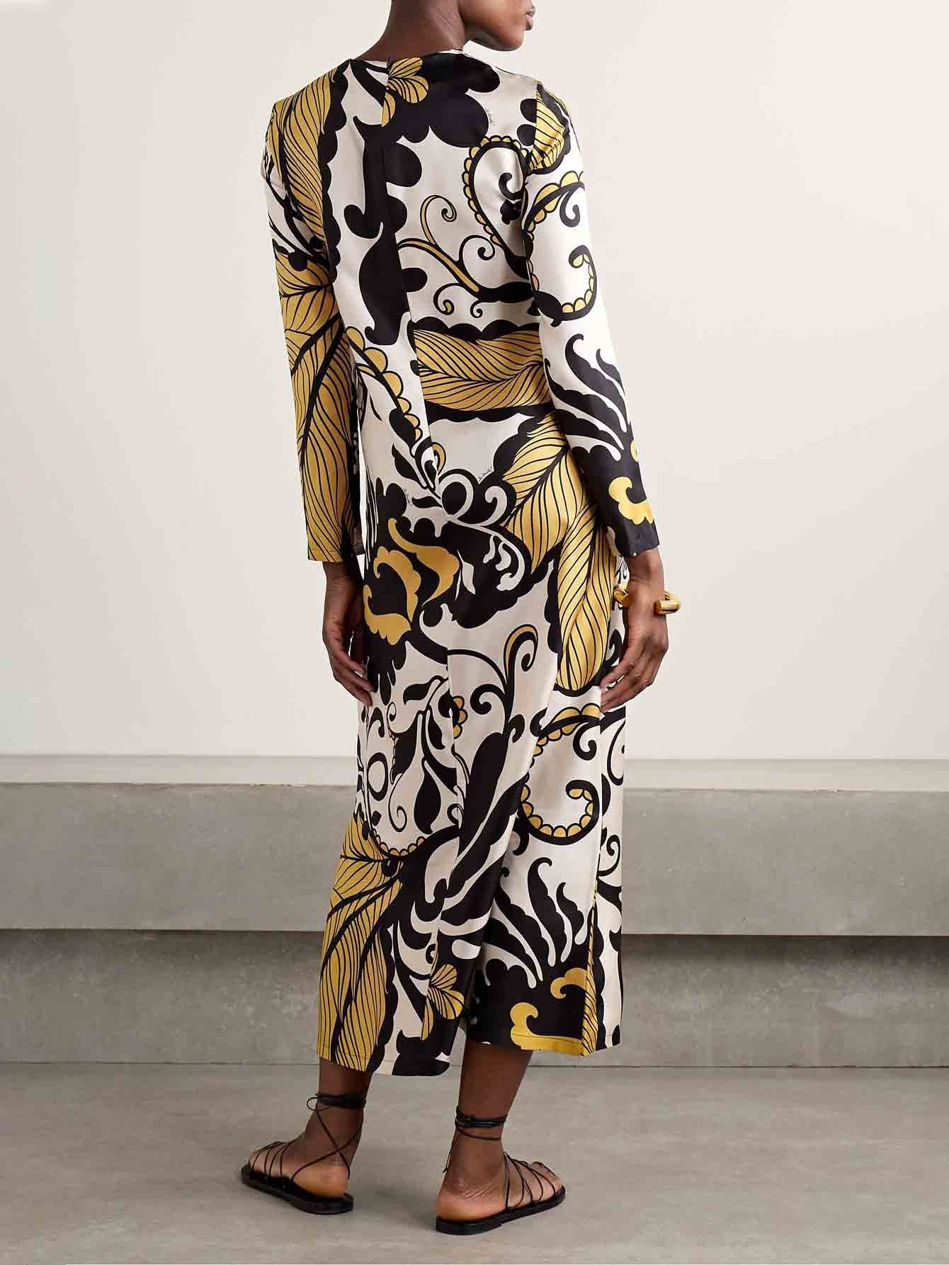 Unique Abstract Botanical Print Midi Dress