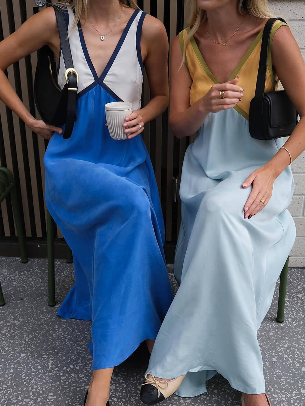 Vestido elegante con escote en V y colores contrastantes