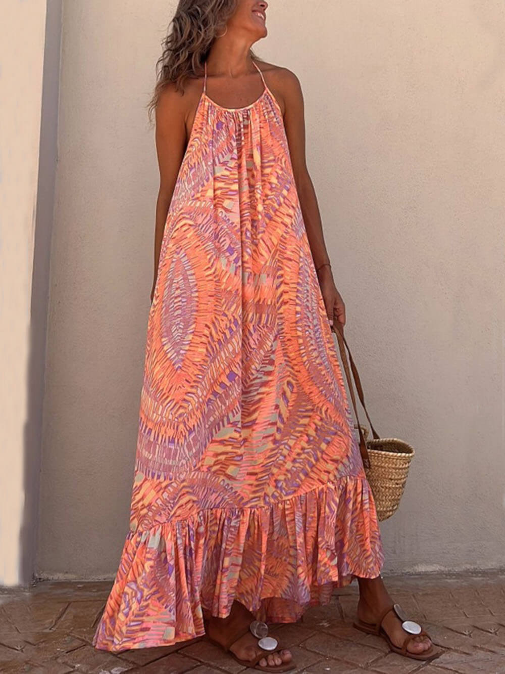 Vestido largo de vacaciones en línea A con estampado étnico Golden Times