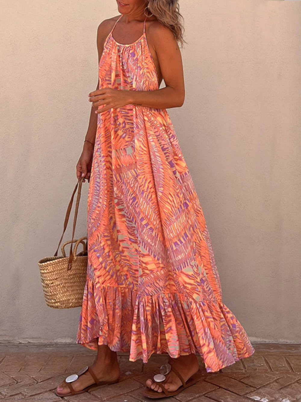 Vestido largo de vacaciones en línea A con estampado étnico Golden Times