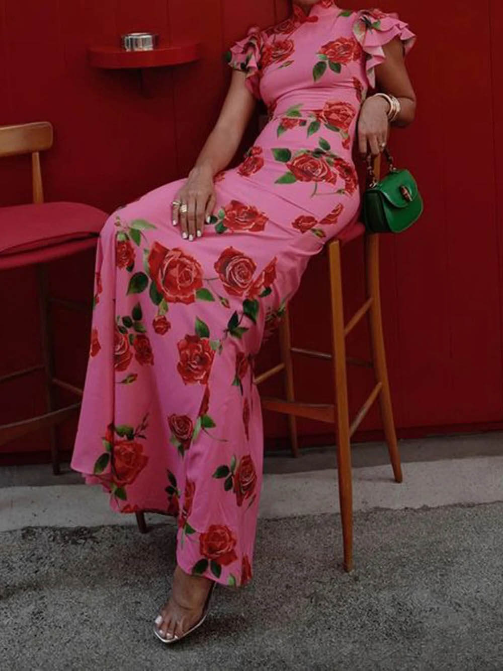 Robe longue extensible à manches évasées et à imprimé floral Cheongsam Rose