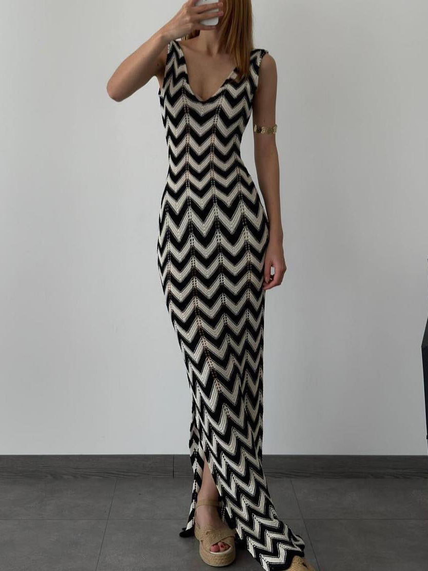 Robe longue d'été sexy à col en V et fente au crochet
