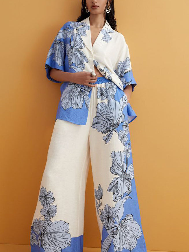 Casual Colorblock Floral Print Short-sleeved Shirt