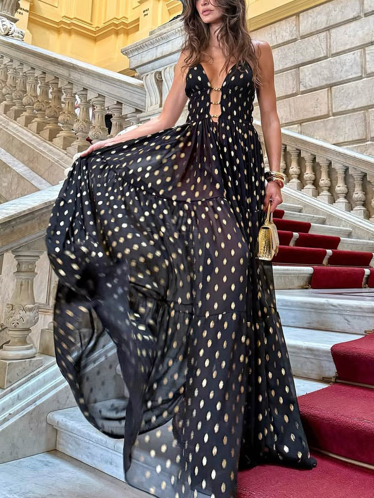 Robe longue fluide et élégante à pois et col en V