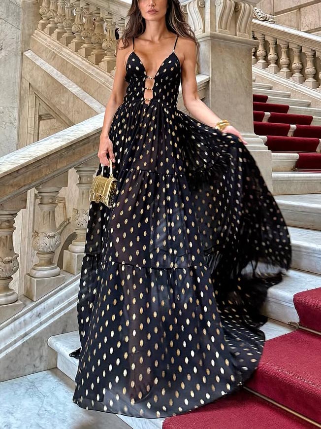 Robe longue fluide et élégante à pois et col en V