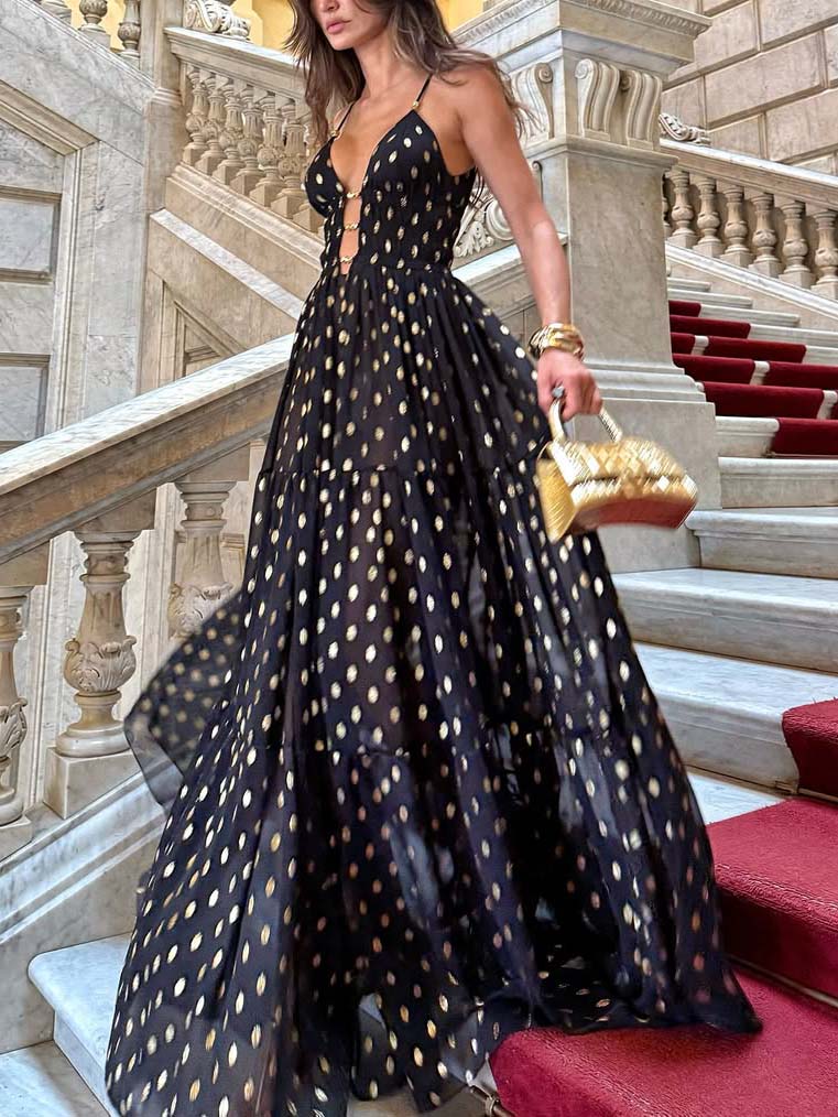 Robe longue fluide et élégante à pois et col en V