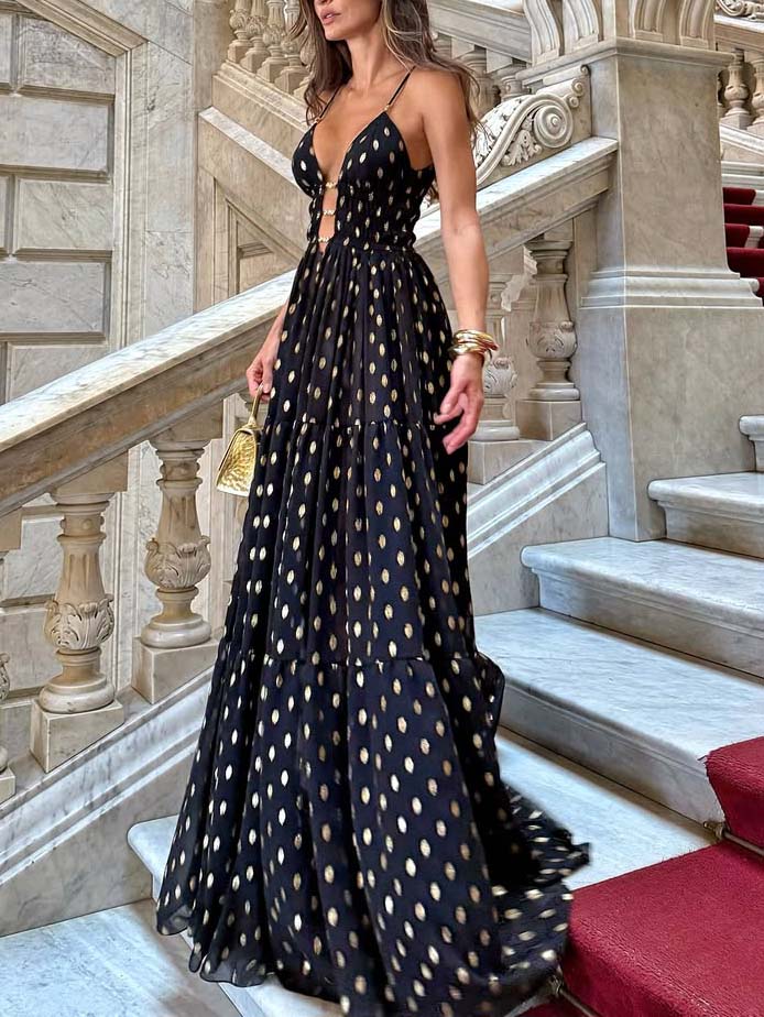 Robe longue fluide et élégante à pois et col en V