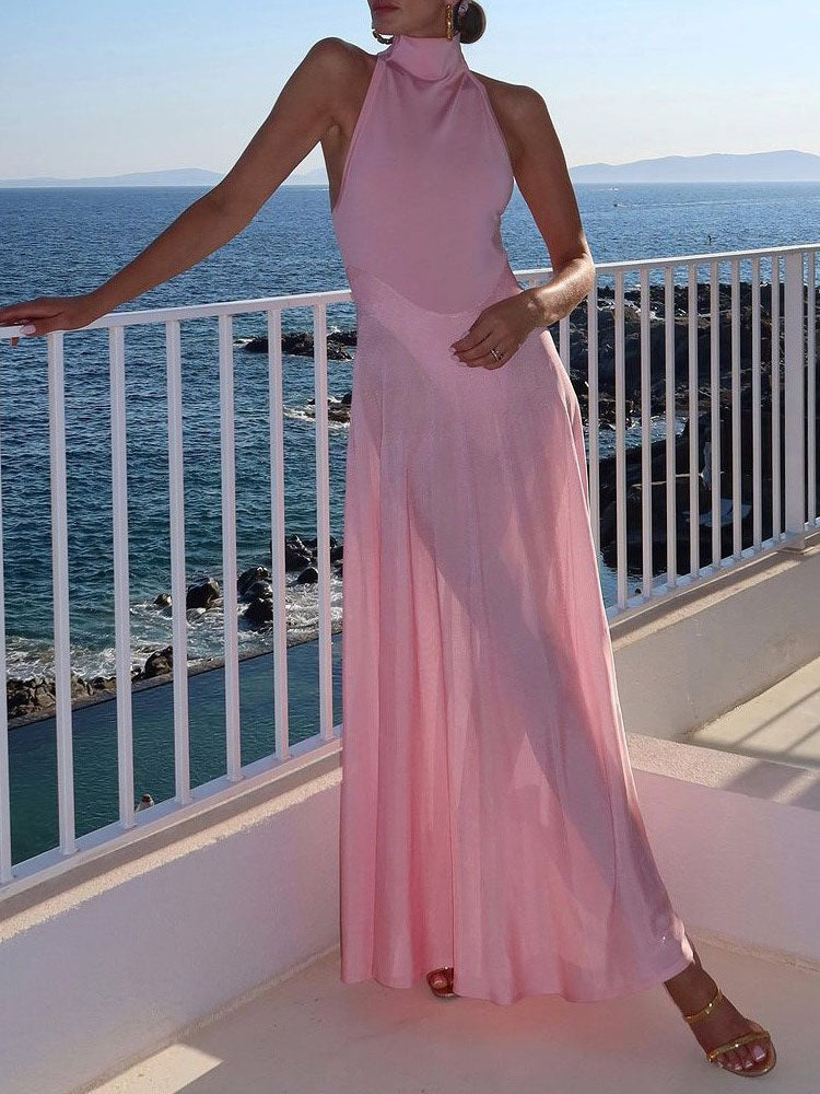 Robe longue élégante sans manches à épaules dénudées de couleur unie