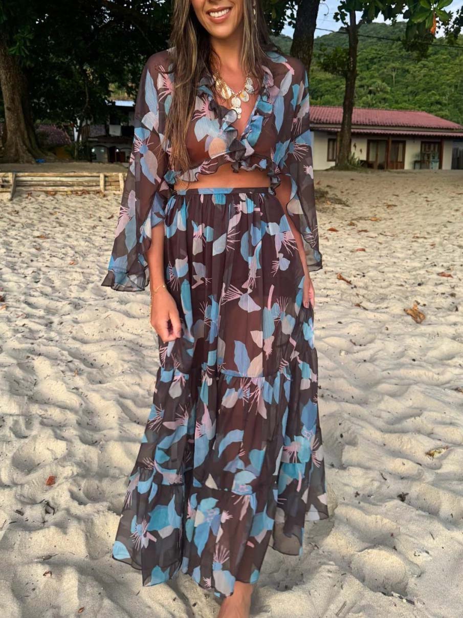 Casual Floral Print Beach Skirt Two-Piece Set
