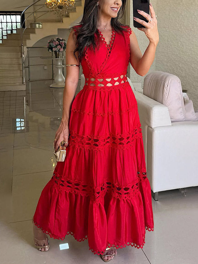 Vestido largo vintage sin mangas con encaje bordado y hueco