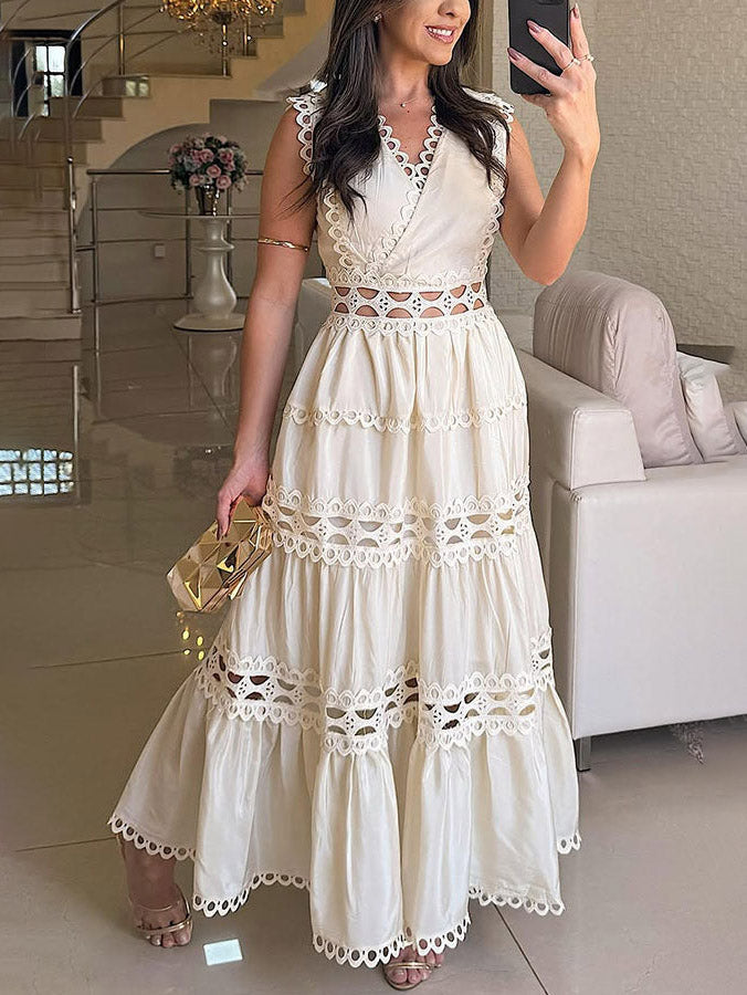 Vestido largo vintage sin mangas con encaje bordado y hueco