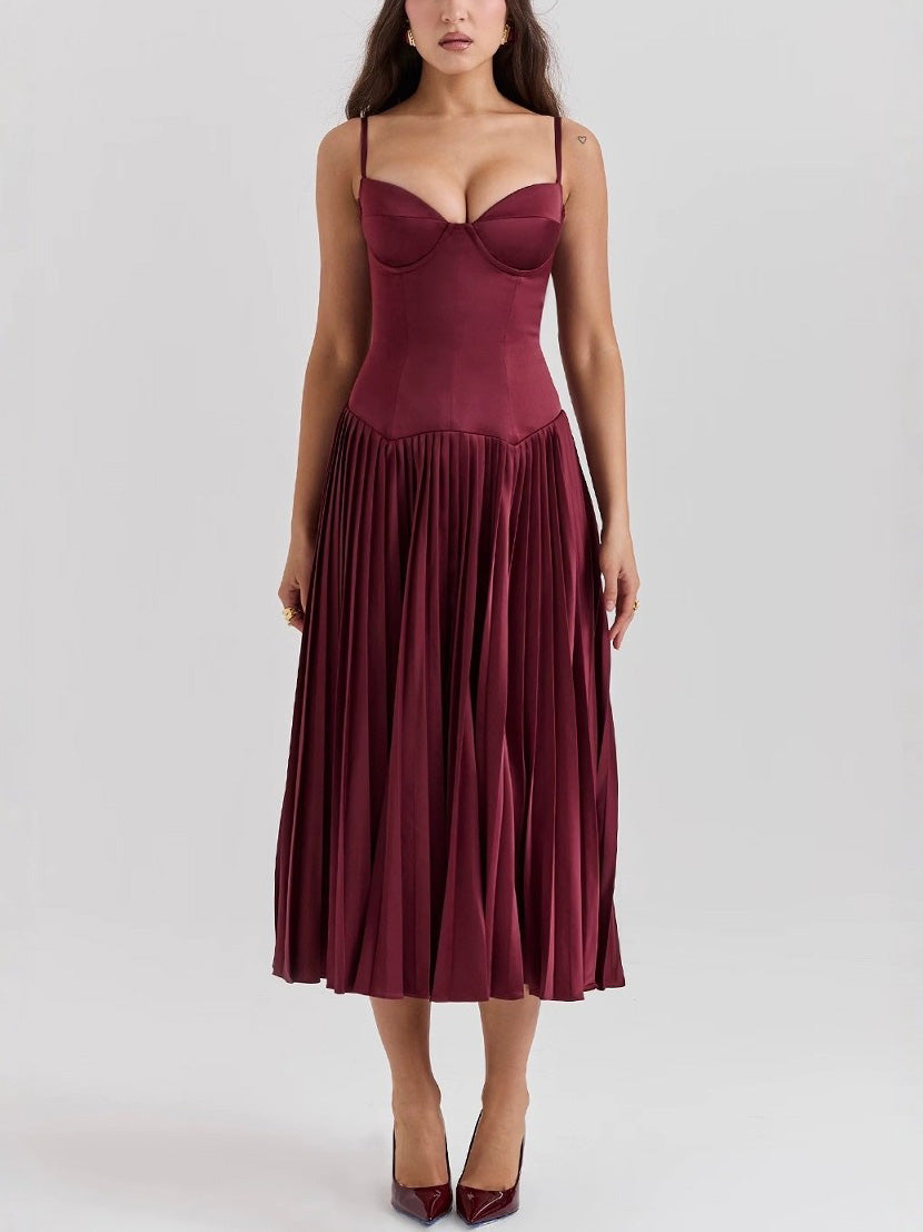 Elegant Sexy Sling Fit Pleated Maxi Dress