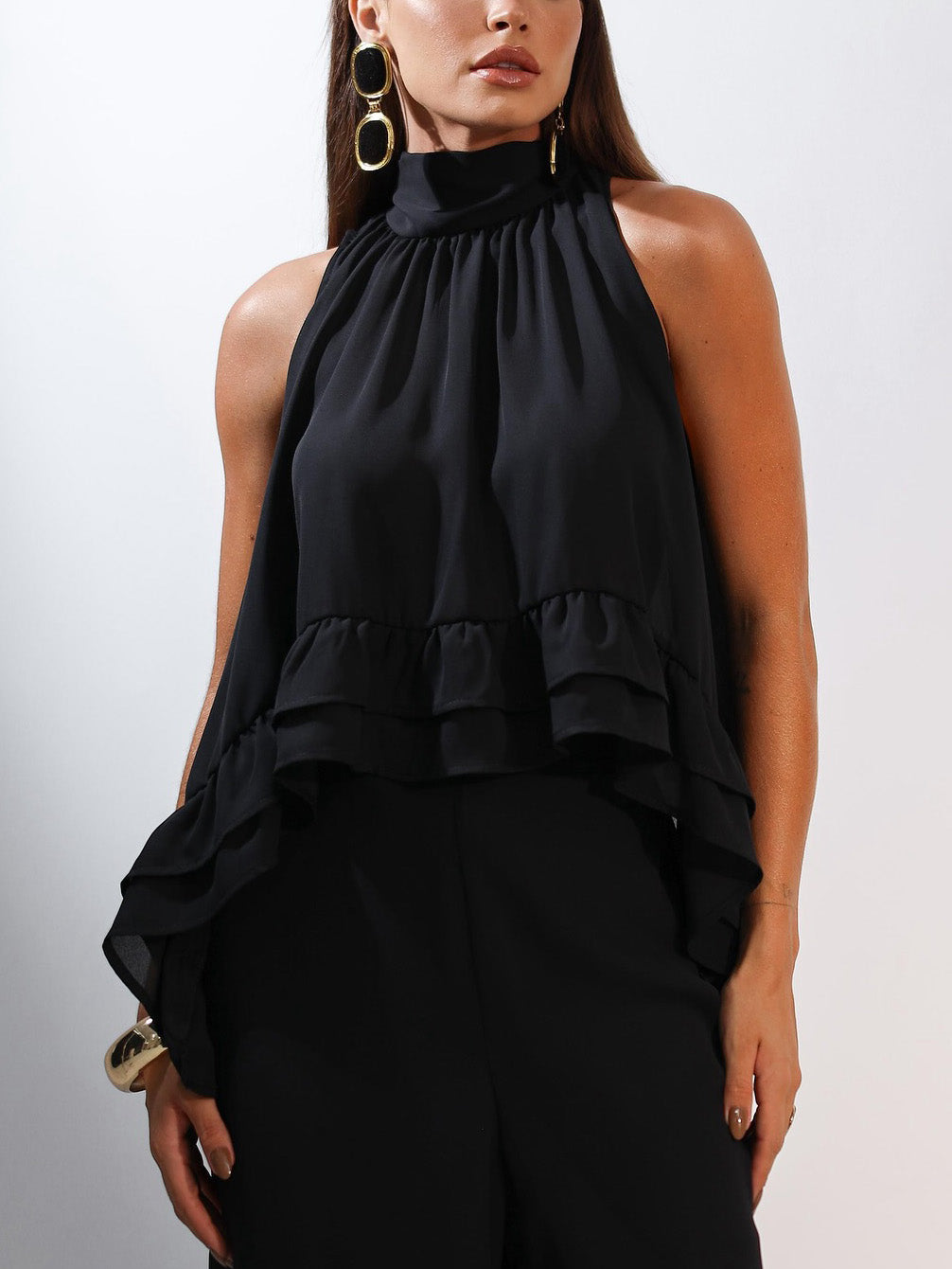 Versatile Halterneck Ruffled Slieveless Top