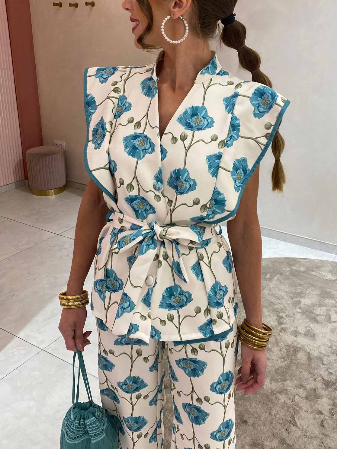 Casual Fashion Floral Print Tie-down Single-breasted Shirt
