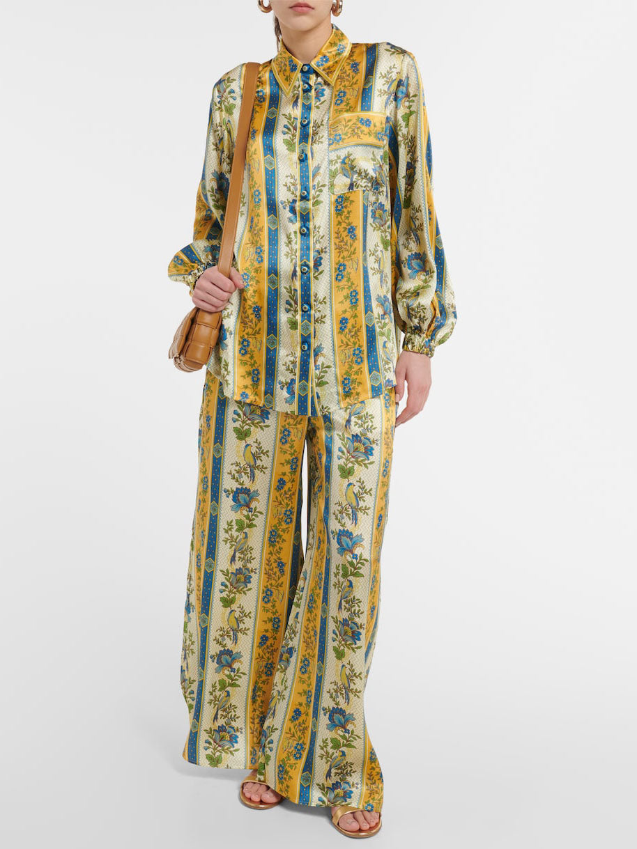 Unique Satin Floral Stripe Print Wide-leg Pants
