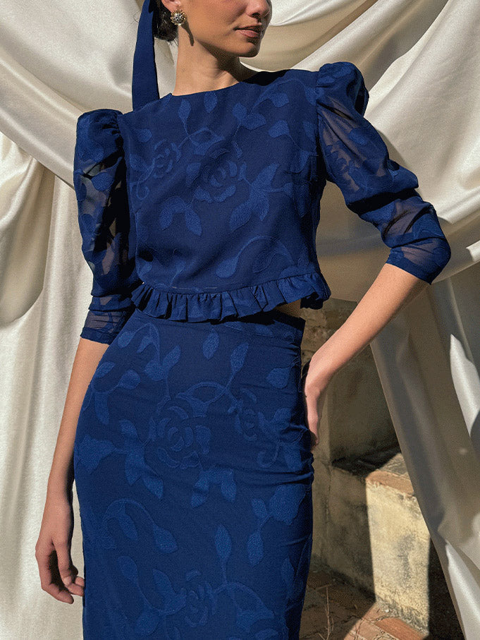 Elegant Retro Jacquard Three-quarter Leg-of-mutton Sleeve Shirt