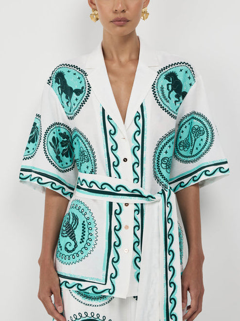 Unique Pattern Printed Short-sleeved Lace-up Shirt
