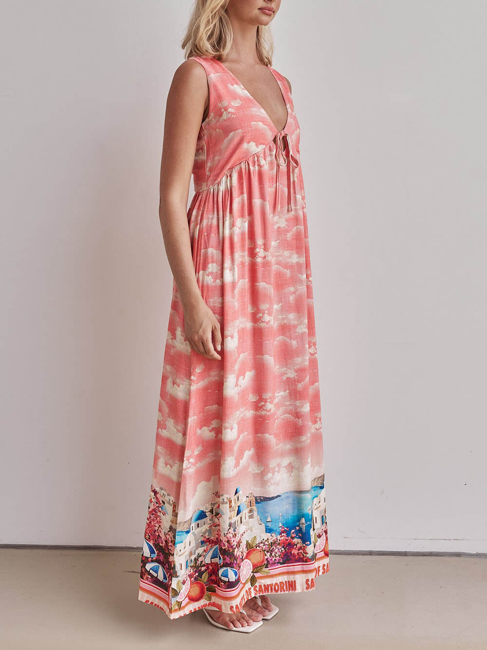 Robe longue trapèze ample à lacets et col en V, imprimé encre unique