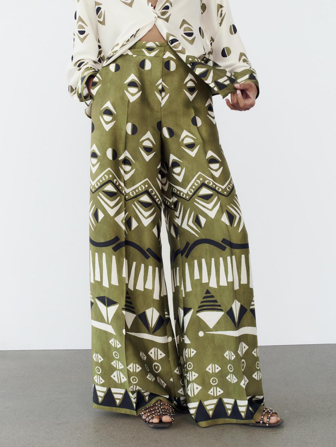 Exquisite Satin Geometric Print Wide-leg Pants