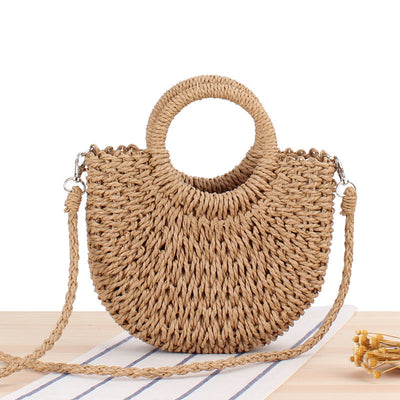 Vintage Coin Buckle Handbag: Woven Cotton Rope with Round Rattan Handle and Diamond Hollow Pattern DressSoul