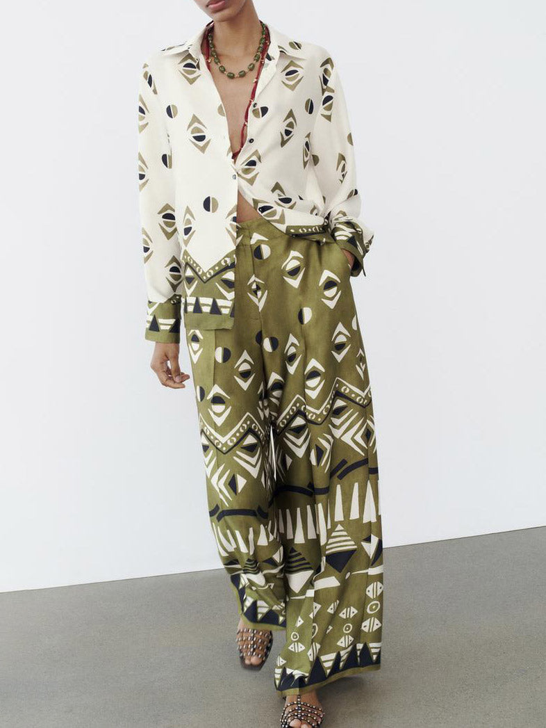 Exquisite Satin Geometric Print Long-sleeved Shirt