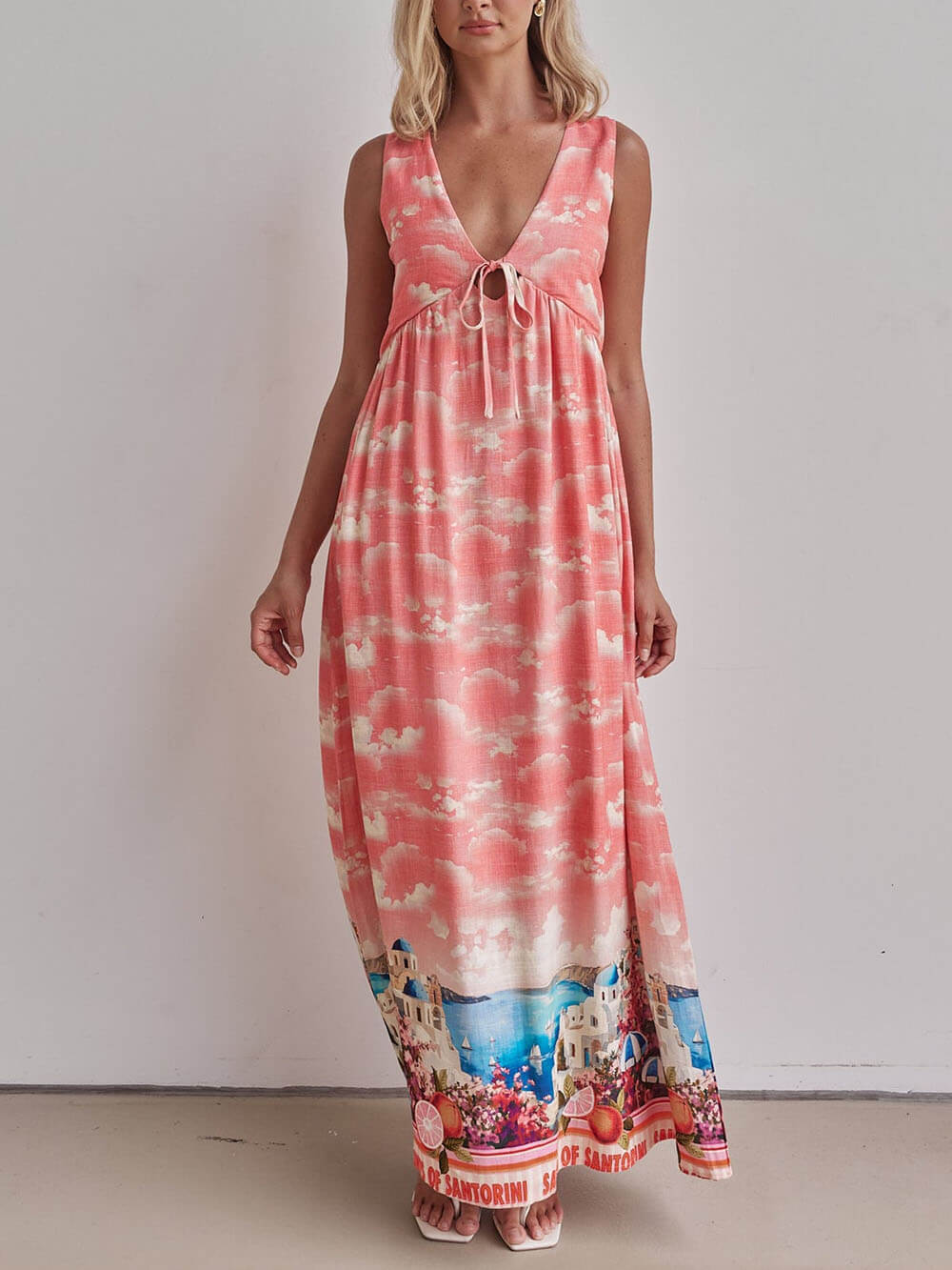 Robe longue trapèze ample à lacets et col en V, imprimé encre unique