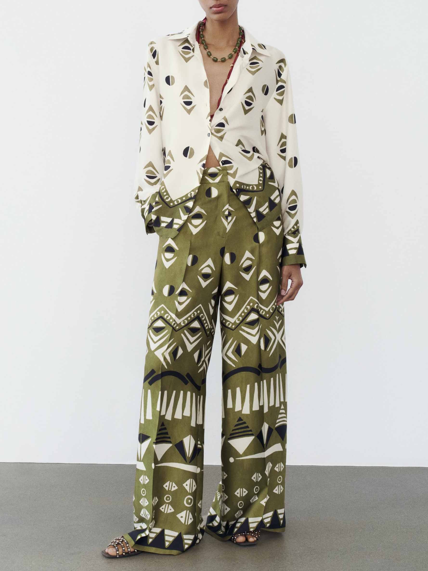 Exquisite Satin Geometric Print Wide-leg Pants