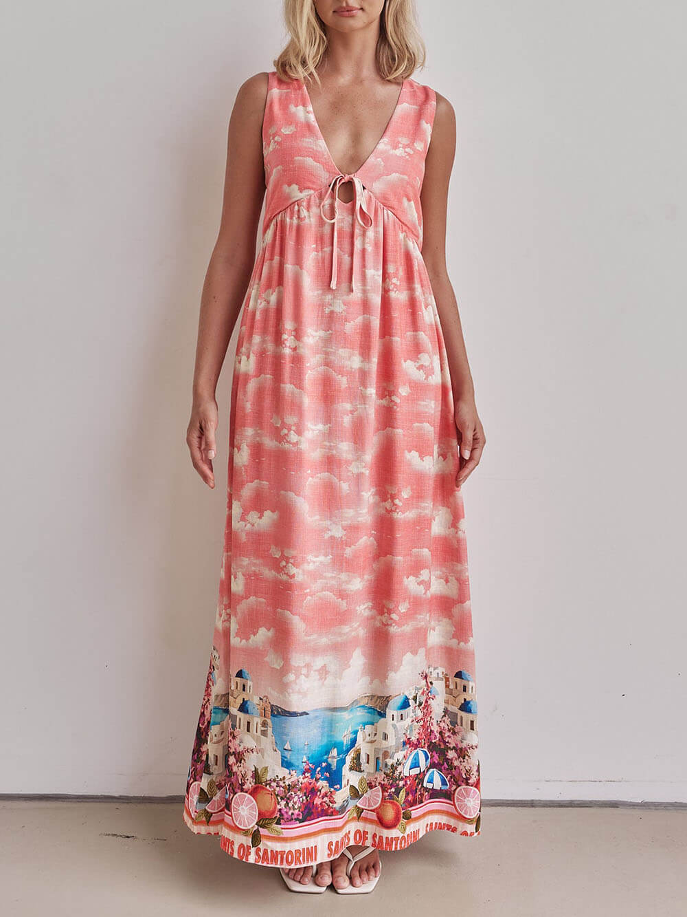 Robe longue trapèze ample à lacets et col en V, imprimé encre unique