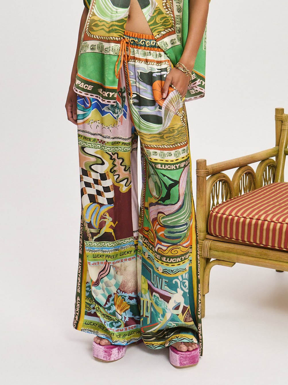 Unique Satin Painted Art Print Elastic Waist Wide Leg Pants