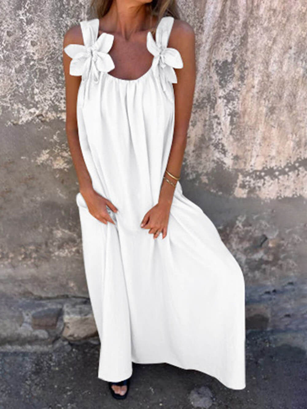 Robe longue ample classique unie à imprimé floral sans manches