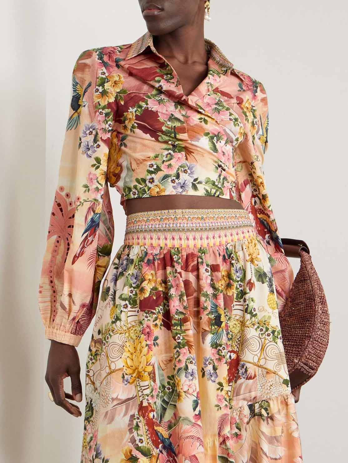 Exquisite Tropical Sunset Floral Print Wrap Shirt