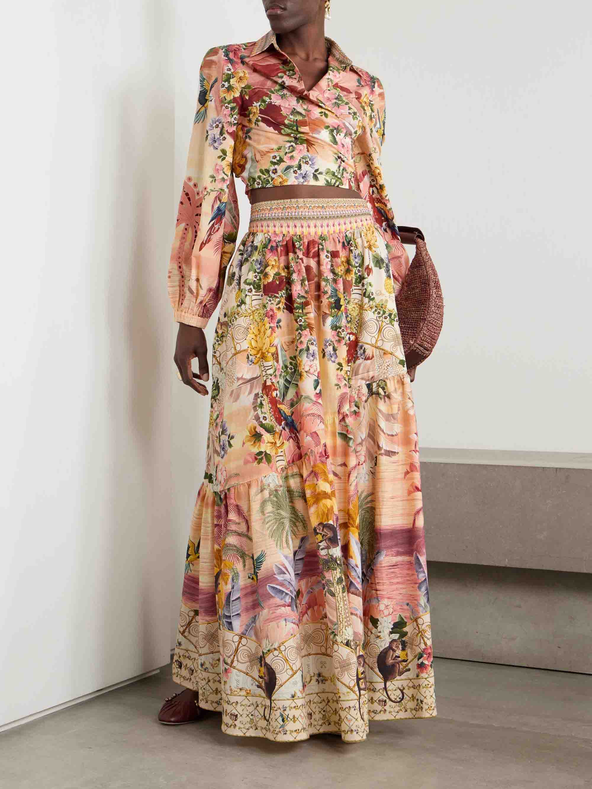 Exquisite Tropical Sunset Floral Print Wrap Shirt