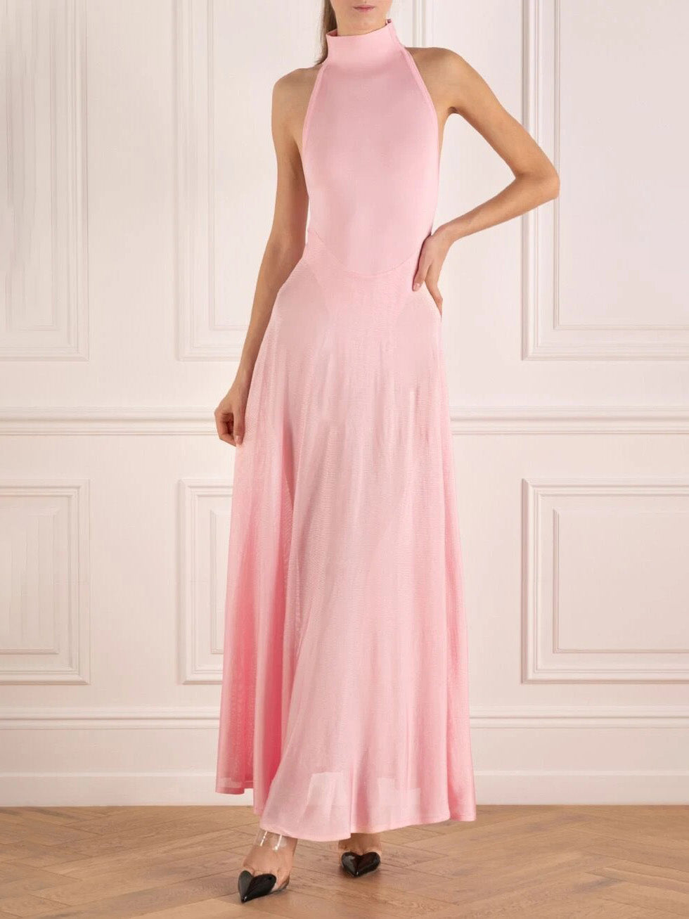 Robe longue élégante sans manches à épaules dénudées de couleur unie