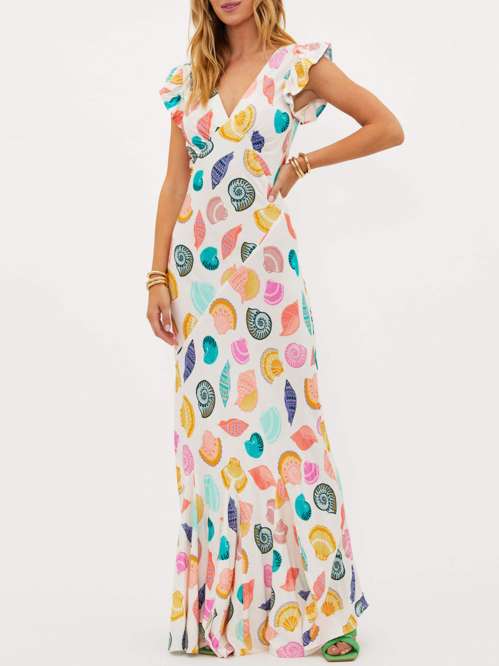 Robe longue à col en V et imprimé coquillages