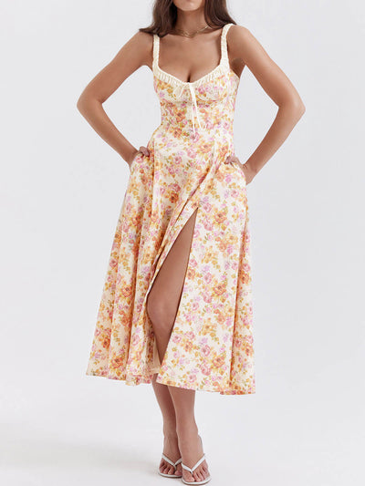 Suspender Patchwork Printed Lace-Up Midi Dress DressSoul