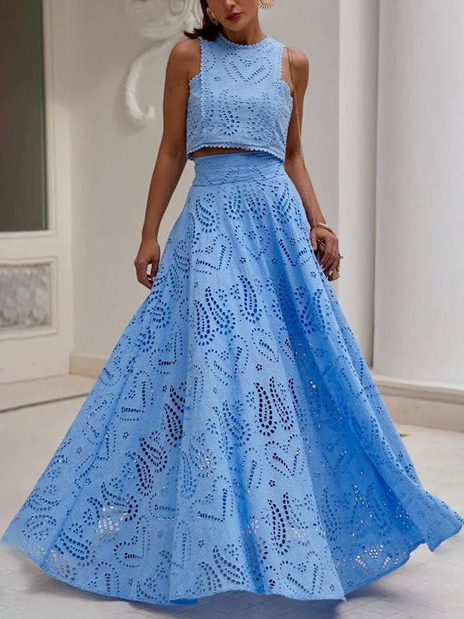 Exquisite Sleeveless Embroidered Hollow Lace Top & skirt