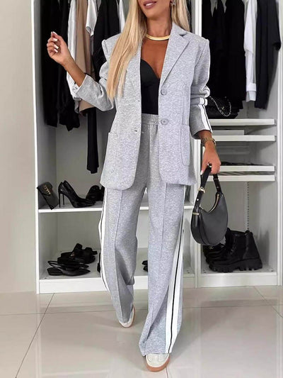 Sporty Patchwork Lapel Blazer and Elastic Waist Pocket Loose Pants Set DressSoul