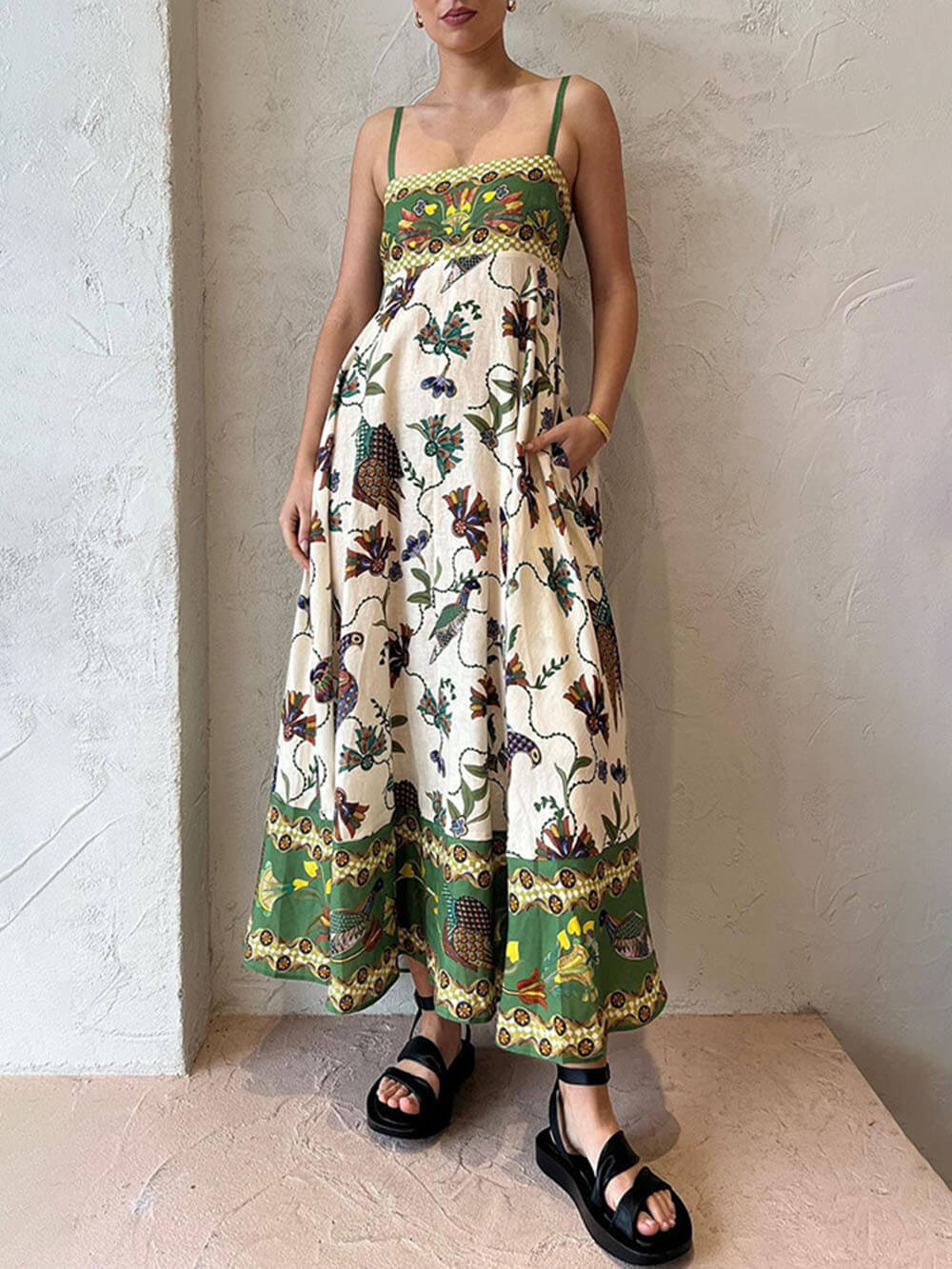 Sun Drenched Tropical Print Smocked Back Pocketed Dress
