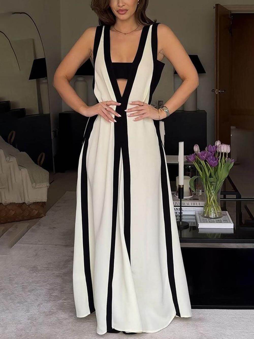 Robe longue trapèze réversible à blocs de couleurs